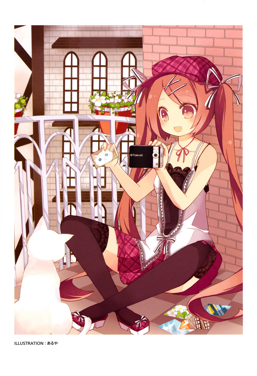 :d absurdres aruya_(flosrota) bare_shoulders black_legwear blush brick_wall camera camisole cat checkered checkered_floor flower hair_ornament hair_ribbon hairclip hat highres indian_style lace lace-trimmed_thighhighs long_hair non-web_source open_mouth original photo_(object) pink_eyes pink_hair plaid plaid_skirt pleated_skirt ribbon scan sitting skirt smile solo thighhighs very_long_hair