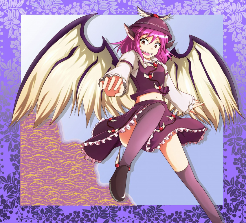 animal_ears bad_id bad_pixiv_id brown_eyes hat midriff mystia_lorelei navel open_mouth pink_hair purple_legwear ribbon shoes short_hair skirt smile solo thighhighs touhou winged_shoes wings yoshida_tatsumi