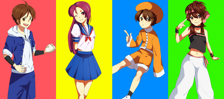 2boys 2girls asamiya_athena bao bao_(kof) brown_hair hair_ribbon highres king_of_fighters long_image momoko momoko_(king_of_fighters) multiple_boys multiple_girls purple_hair ribbon school_uniform sie_kensou smile snk wide_image wink