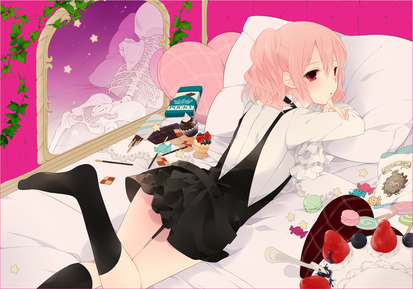 bad_id bad_pixiv_id bed blueberry cake cookie cupcake different_reflection food fruit inu_x_boku_ss lying macaron mirror petitbisou pillow pink_hair pocky red_eyes reflection roromiya_karuta skirt socks solo strawberry twintails