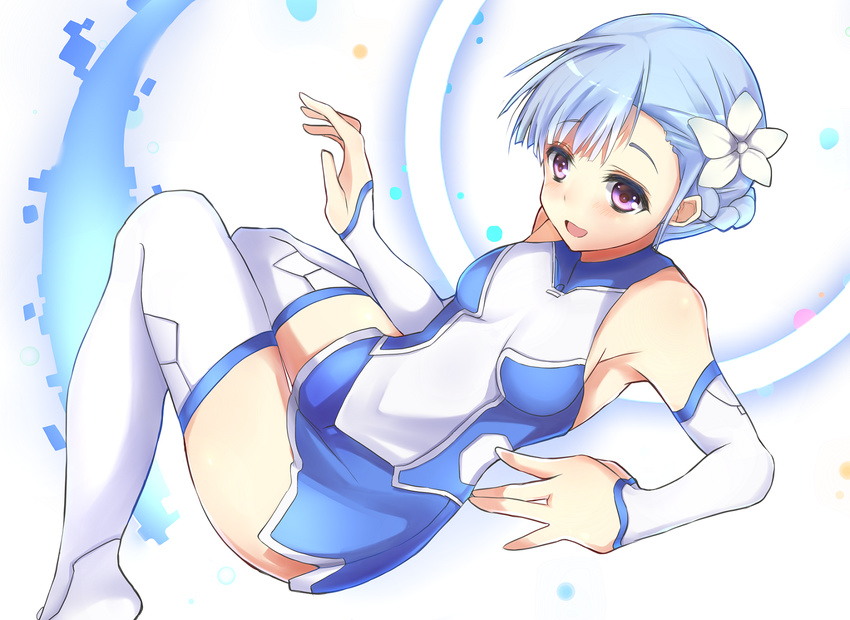 bad_id bad_pixiv_id blue_hair blush bodysuit boots fin_e_ld_si_laffinty flower hair_flower hair_ornament haruyuki_(yukichasoba) open_mouth pink_eyes rinne_no_lagrange short_hair solo thigh_boots thighhighs white_legwear