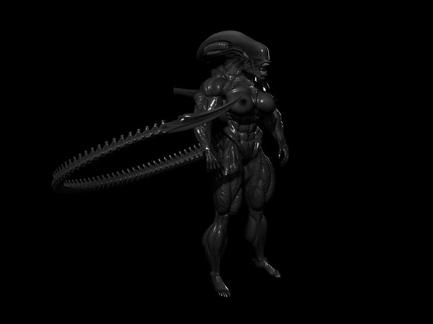abs alien alien_(franchise) biceps black_background black_nipples breasts chitin eyeless fangs female muscles muscular_female navel nipples open_mouth plain_background pose pussy solo tail tail_blade tigersan xenomorph
