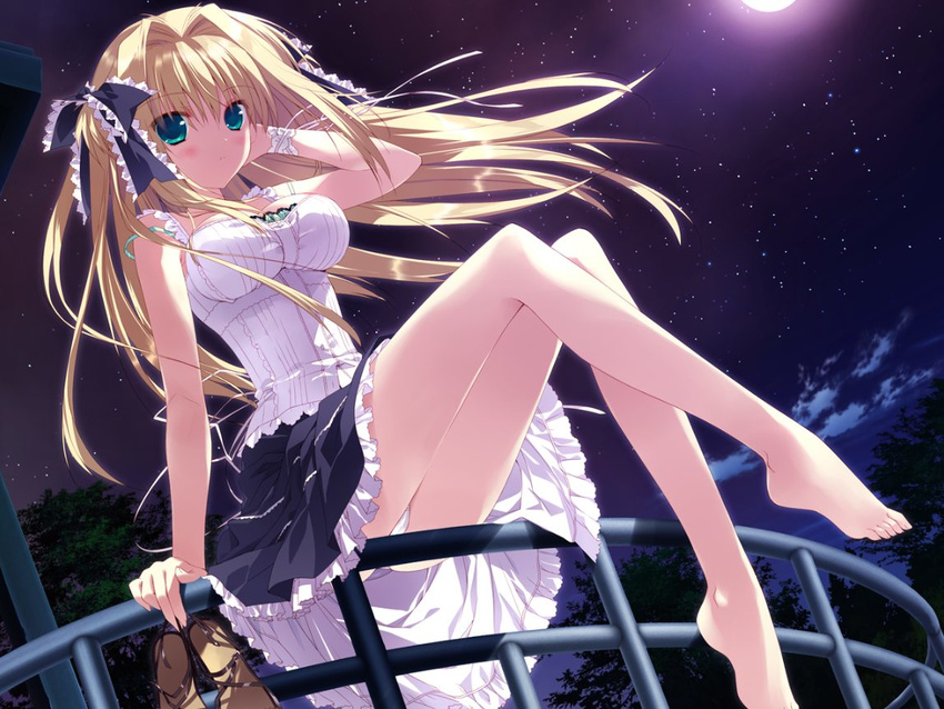 aqua_eyes asaba_yuu barefoot blonde_hair blush bow feet hair_bow holding holding_shoes hoshizora_e_kakaru_hashi hoshizora_e_kakaru_hashi_aa legs long_hair moon nanamori_seira night outdoors panties pantyshot pantyshot_(sitting) shoes sitting skirt solo underwear white_panties