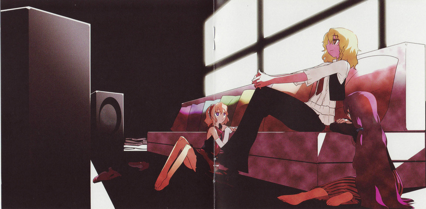 absurdres alice_margatroid alternate_costume amplifier barefoot blonde_hair braid casual contemporary couch dress_shirt elbow_gloves from_behind gloves high_heels highres jitome kirisame_marisa long_hair multiple_girls necktie no_hat no_headwear pants patchouli_knowledge pillow purple_hair scan scan_artifacts scarf shirt shoes shoes_removed short_hair sitting standing touhou tsuru_(clainman) vest white_gloves white_shirt window xotic