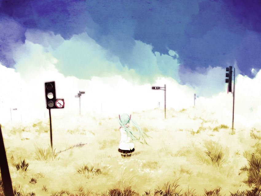 cloud from_behind hatsune_miku irena long_hair skirt sky solo thighhighs traffic_light twintails vocaloid