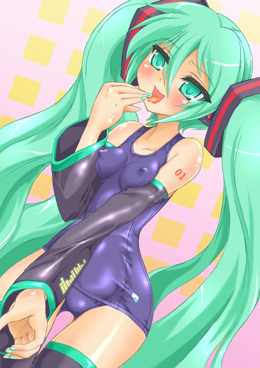 1girl aqua_eyes aqua_hair breasts detached_sleeves erect_nipples hatsune_miku headset highres long_hair one-piece_swimsuit open_mouth school_swimsuit smile solo swimsuit tongue twintails very_long_hair vocaloid