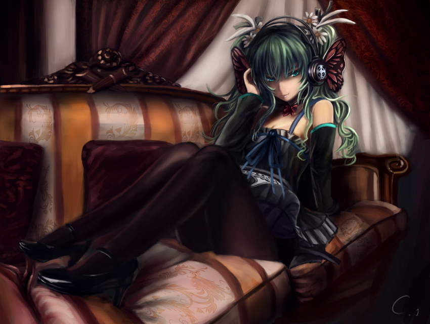 black_legwear cj_man couch detached_sleeves dress flower green_eyes green_hair hair_flower hair_ornament hatsune_miku headphones high_heels highres long_hair magnet_(vocaloid) pantyhose shoes signature sitting solo vocaloid