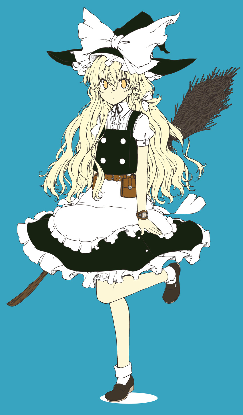 absurdres apron blonde_hair blue_background bow braid broom hair_bow hat hat_bow highres kirisame_marisa long_hair shoes socks solo touhou uro watch white_bow witch_hat yellow_eyes