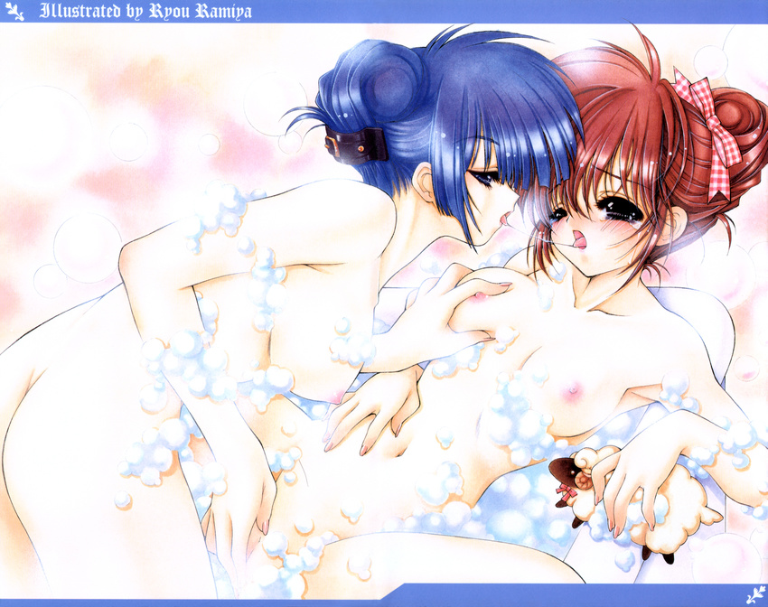 2girls 90s arm_support armpits artist_name ass bangs bath bathing bathtub bent_over black_eyes blue_eyes blue_hair blunt_bangs blush bow breast_grab breasts brown_hair bubble bubble_bath buckle collarbone copyright_request erect_nipples eye_contact female fingering fingernails foam from_side grabbing hair_between_eyes hair_bow hair_bun hair_ornament hair_up half-closed_eyes hand_on_own_stomach hanging_breasts highres holding indoors kiss large_breasts letterboxed long_fingernails long_hair looking_at_another lying multiple_girls navel nipples nude on_back open_mouth original pale_skin plaid profile pussy raised_eyebrows ramiya_ryou red_hair saliva saliva_swap saliva_trail scan shared_bathing short_hair soap_bubbles spread_legs steam stuffed_animal stuffed_toy tears tongue tongue_out uncensored uneven_eyes wading yuri