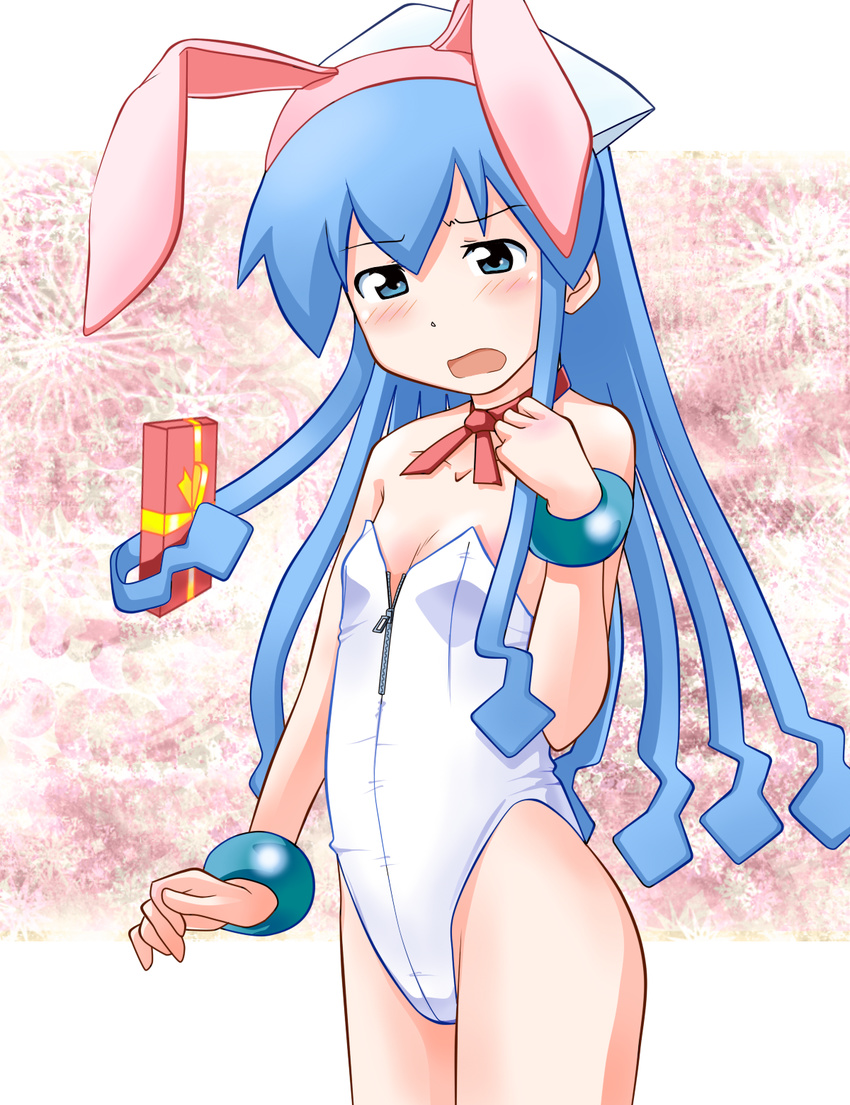 animal_ears bare_legs bare_shoulders blue_eyes blue_hair breasts bunny_ears bunnysuit fake_animal_ears gift hat highres ikamusume long_hair ribbon rokushaku_neko shinryaku!_ikamusume small_breasts solo tentacle_hair zipper