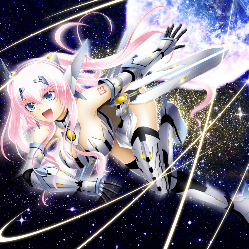 bad_id bad_pixiv_id blue_eyes breasts highres kuromayu large_breasts long_hair megurine_luka open_mouth pink_hair solo space star_(sky) vocaloid