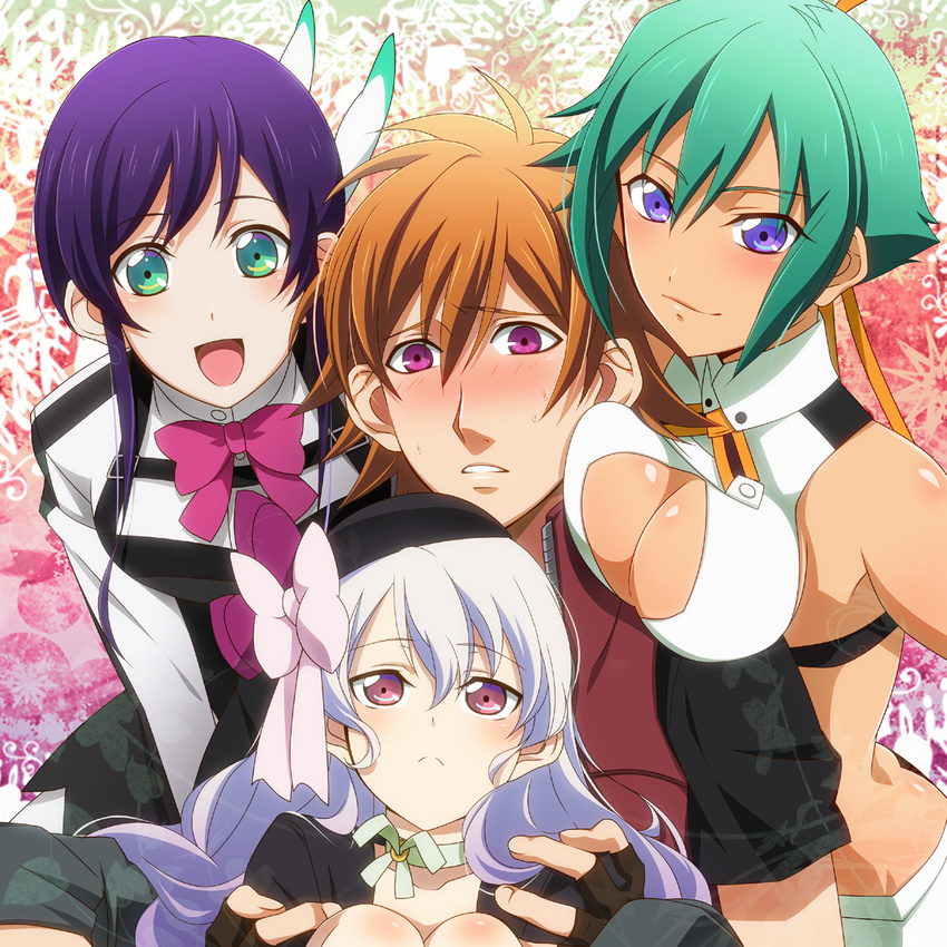 3girls :d amata_sora aquarion_(series) aquarion_evol blue_eyes blush bow breasts cleavage cleavage_cutout crea_dorosera fingerless_gloves frown gloves green_eyes green_hair hair_bun highres large_breasts looking_at_viewer mikono_suzushiro multiple_girls open_mouth orange_hair pochi-a purple_eyes short_hair sidelocks smile sweatdrop white_hair zessica_wong