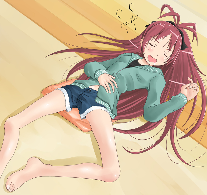 bare_legs barefoot blush bow closed_eyes drooling fang hair_bow highres hood hoodie long_hair lying mahou_shoujo_madoka_magica navel on_back open_mouth red_hair sakura_kyouko saliva shorts shuuji_(shumi) sleeping smile solo