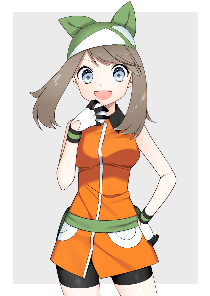 1girl :d absurdres bike_shorts black_shorts blue_eyes breasts brown_hair cowboy_shot creatures_(company) eyebrows_visible_through_hair game_freak gloves green_bandana grey_background hand_on_hip haruka_(pokemon) highres holding holding_poke_ball jacket long_hair looking_at_viewer medium_breasts nintendo open_mouth orange_jacket poke_ball pokemon pokemon_(game) pokemon_rse short_shorts shorts simple_background sleeveless_jacket smile solo standing twintails white_gloves yuihiko