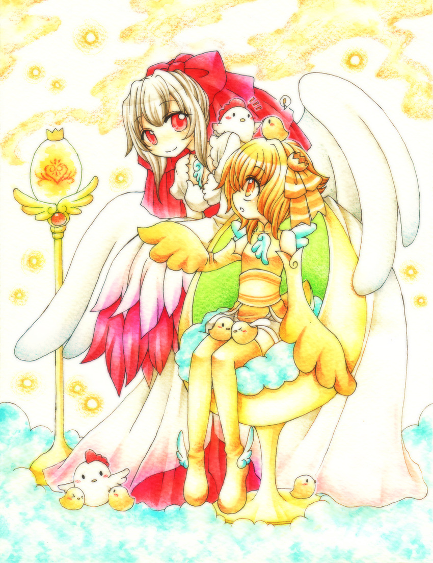 &gt;_&lt; animal animal_on_head bird bird_on_head bird_on_lap blonde_hair brown_hair chick chicken chicken_costume closed_eyes highres hisui_suzuhana multiple_girls on_head original red_eyes rooster rooster_costume smile wings yellow_eyes