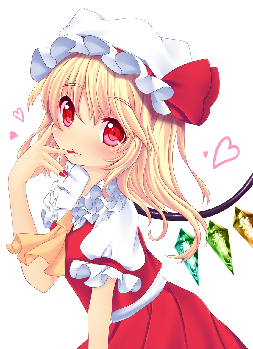 absurdres ascot blonde_hair fang finger_to_mouth flandre_scarlet hat heart highres kiyomin nail_polish red_eyes skirt skirt_set solo touhou wings