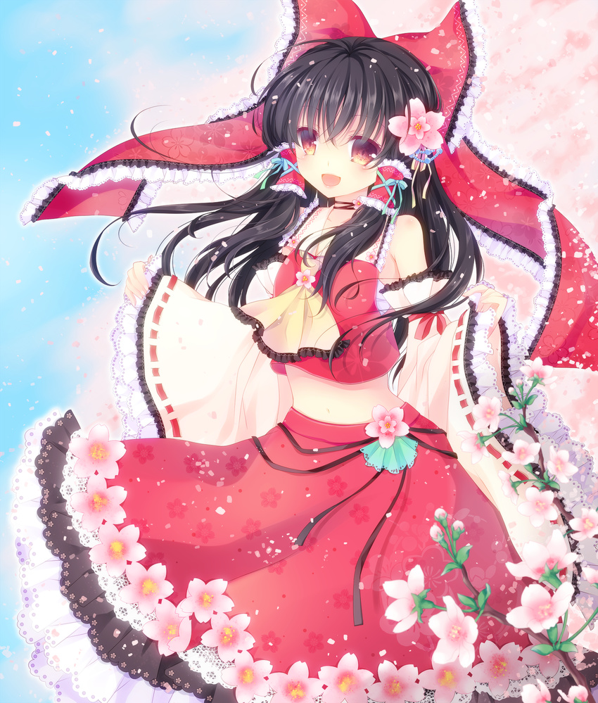 album_cover ascot bad_id bad_pixiv_id black_hair bow brown_eyes cherry_blossoms cover detached_sleeves embellished_costume flower frills hair_bow hair_ornament hair_ribbon hair_tubes hakurei_reimu highres midriff mikazuki_sara navel open_mouth red_eyes ribbon sarashi shirt skirt skirt_set solo too_many too_many_frills touhou