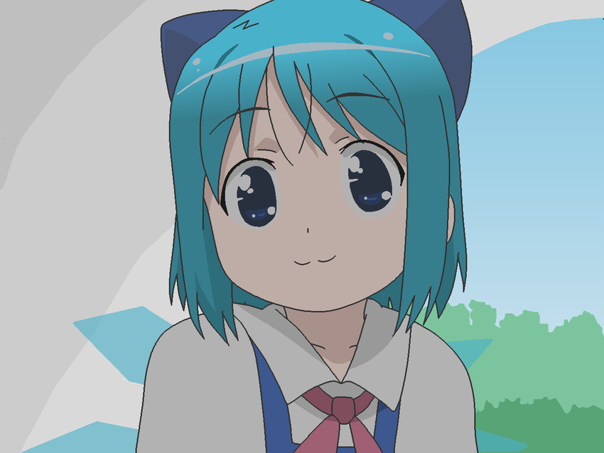 :3 blue_hair bow cirno gakuen_utopia_manabi_straight! hair_ornament hairclip inamori_mika ribbon smile solo touhou wings