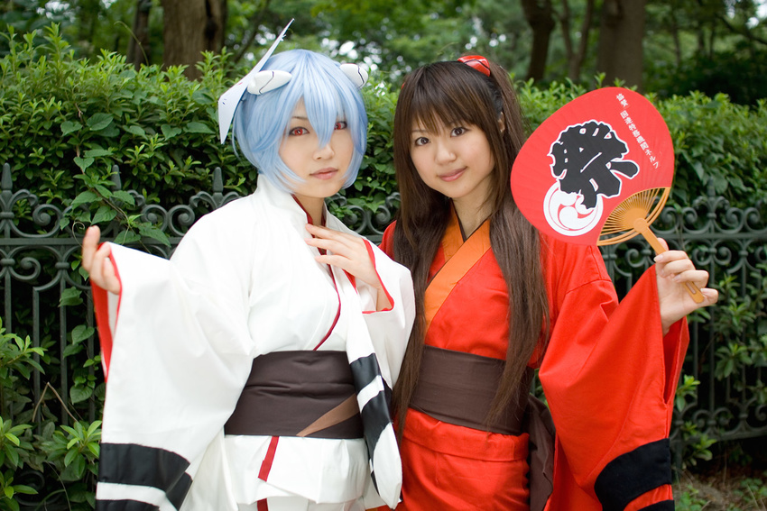 ayanami_rei blue_hair cosplay fan fox_mask iori japanese_clothes kimono mask neon_genesis_evangelion photo sizu soryu_asuka_langley twintails yukata