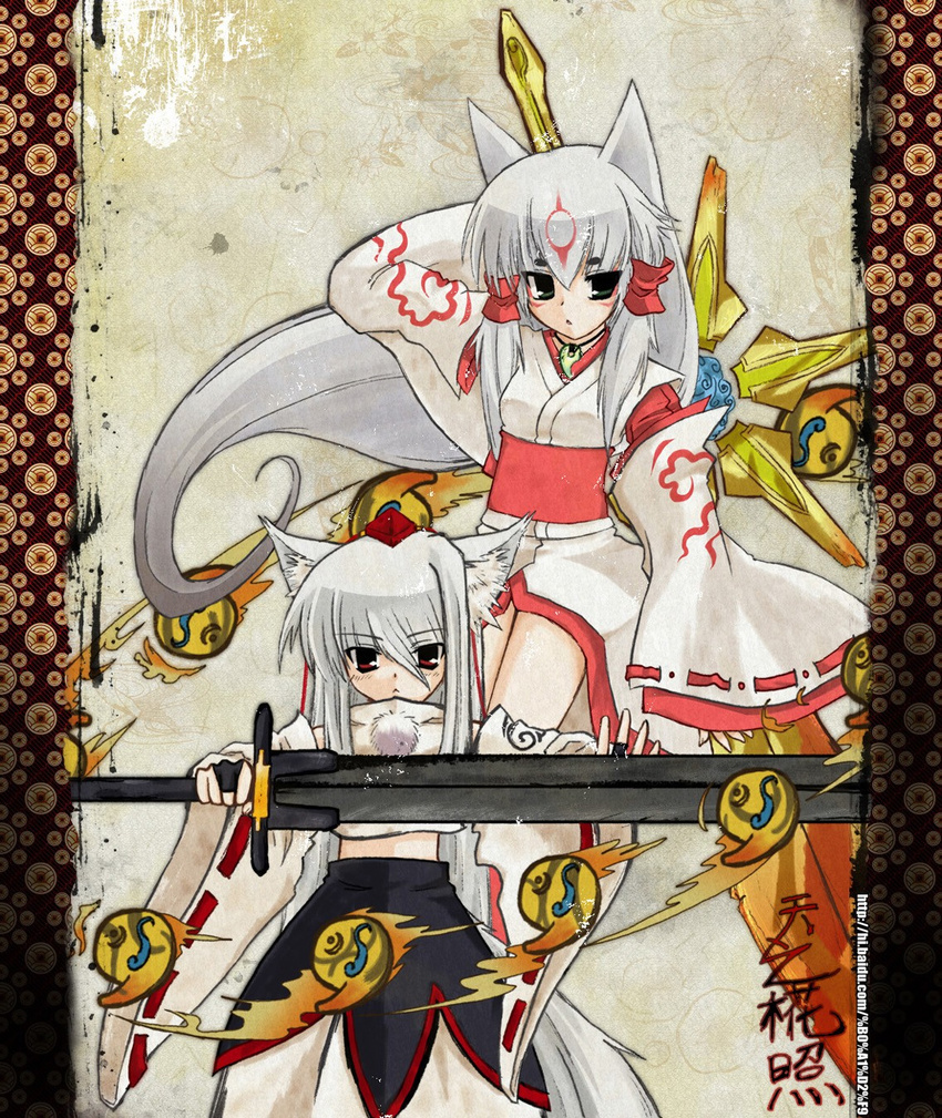 amaterasu animal_ears auer highres inubashiri_momiji multiple_girls ookami_(game) parody sword tail touhou weapon white_hair wolf_ears wolf_tail