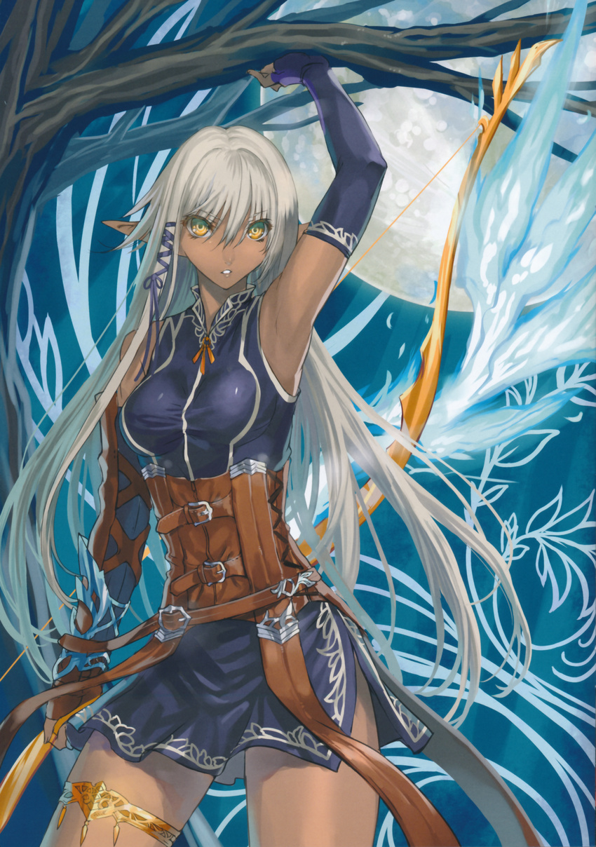 absurdres arm_up armpits bow_(weapon) breasts dark_skin elbow_gloves elf fingerless_gloves full_moon gloves highres large_breasts long_hair looking_at_viewer moon night original parted_lips pointy_ears ran'ou_(tamago_no_kimi) silver_hair solo thigh_strap tree very_long_hair weapon yellow_eyes