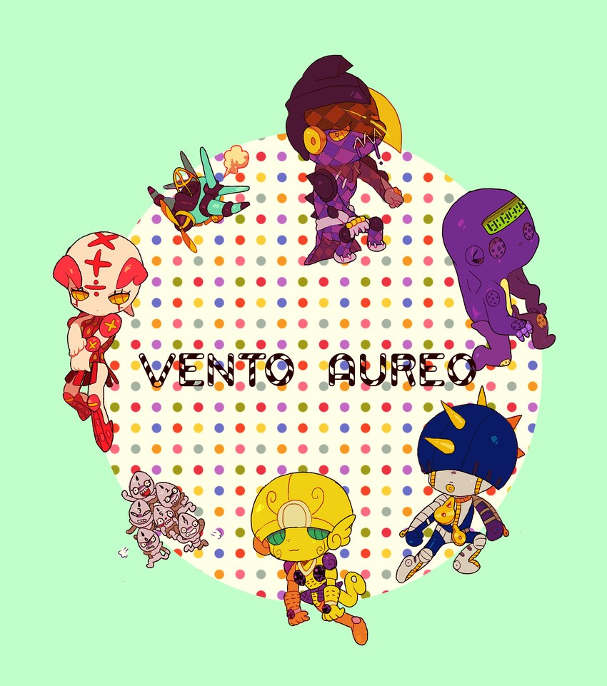 absurdres aerosmith_(stand) aircraft airplane chibi drooling gold_experience highres jojo_no_kimyou_na_bouken mirihiko moody_blues_(stand) no_humans purple_haze_(stand) sex_pistols_(stand) spice_girl_(stand) spikes stand_(jojo) sticky_fingers_(stand) visor