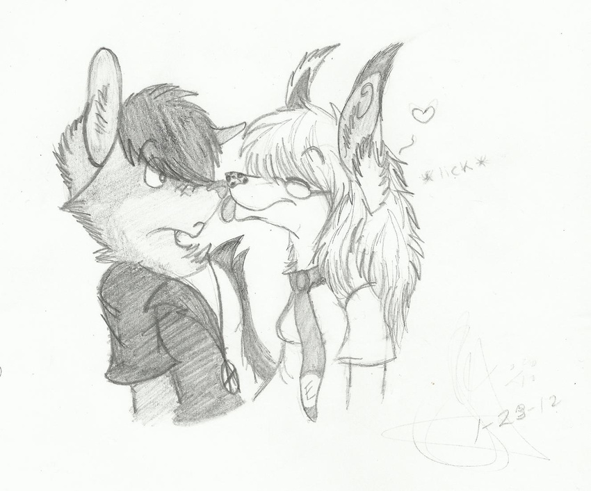 &hearts; &lt;3 anarchy black_and_white couple cute eyewear female glasses greyscale licking male marffydog monochrome necklace necktie shocked sketch tongue