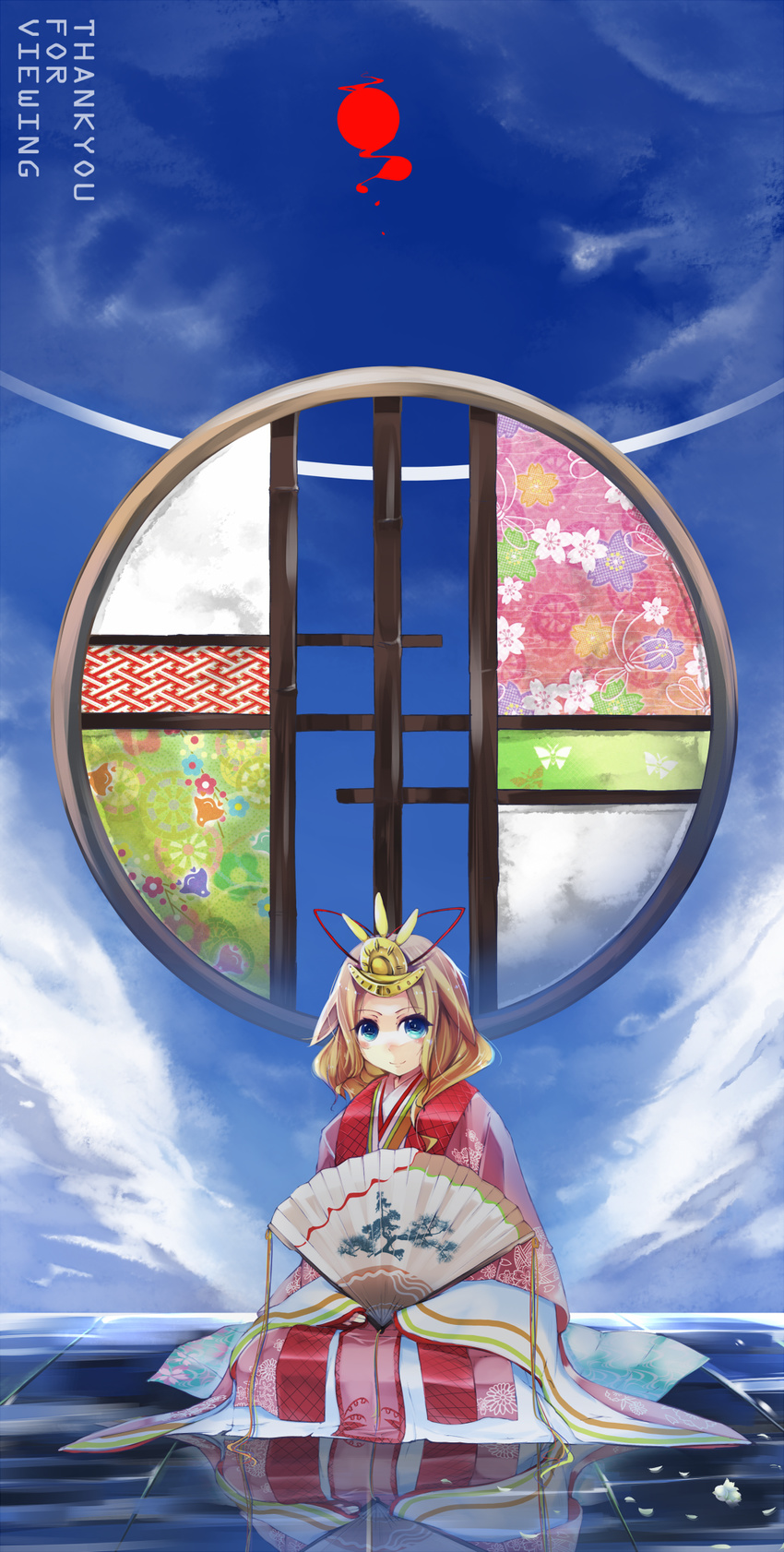 alternate_costume alternate_headwear blonde_hair blue_eyes blue_sky day fan floral_print folding_fan genjiguruma hair_ornament highres japanese_clothes kimono long_sleeves medicine_melancholy mito_(calcomer) petals reflective_floor round_window sayagata short_hair sitting sky smile solo tile_floor tiles touhou wide_sleeves window