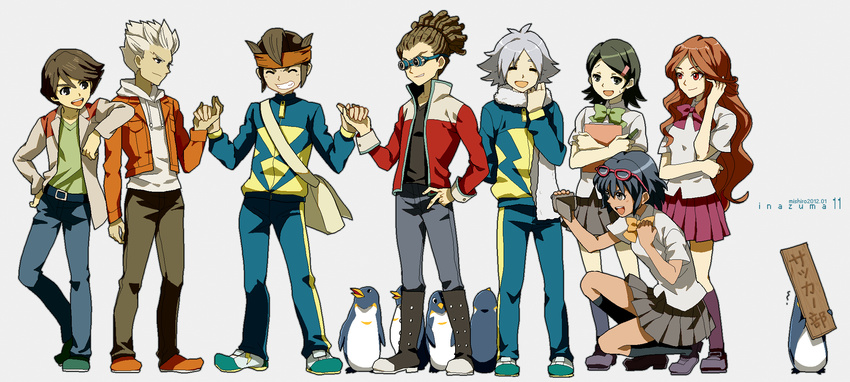 5boys bird blue_eyes blue_hair boots brother_and_sister brown_hair camcorder endou_mamoru eyewear_on_head fubuki_shirou glasses goggles gouenji_shuuya grin hairlocs headband highres ichinose_kazuya inazuma_eleven inazuma_eleven_(series) jacket kidou_yuuto kino_aki long_hair multiple_boys multiple_girls nanjou_(sumeragimishiro) open_mouth otonashi_haruna pants penguin raimon_natsumi scarf school_uniform short_hair siblings skirt smile track_suit white_hair