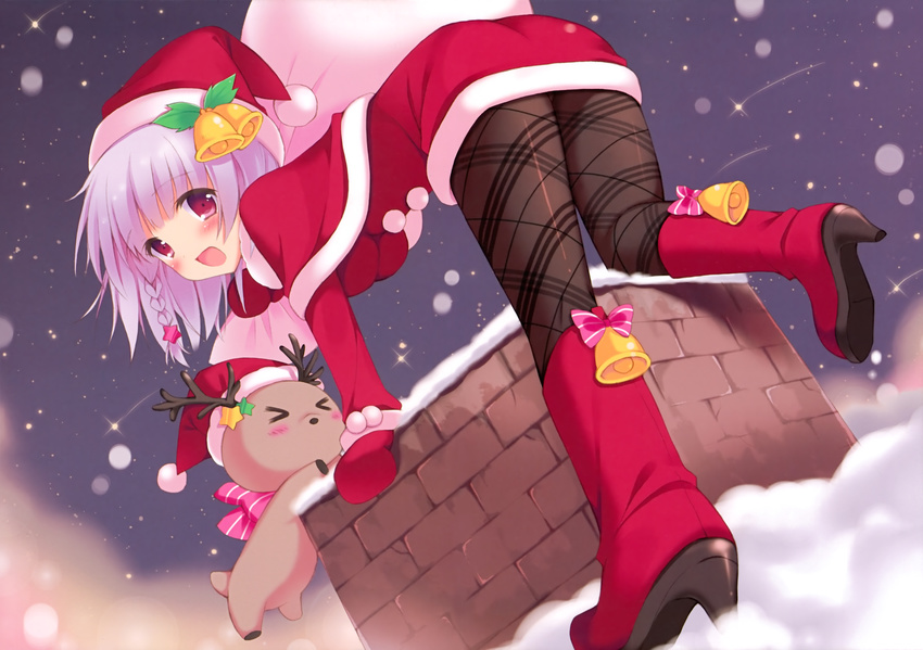 &gt;_&lt; 1girl :d absurdres antlers ass bell bent_over black_legwear blush boots braid chimney christmas eyes_closed from_behind from_below hat highres lavender_hair looking_back mittens night night_sky open_mouth original pan_(mimi) pantyhose patterned_legwear plaid plaid_legwear print_legwear purple_eyes purple_hair sack santa_costume santa_hat short_hair side_braid sky smile snow snowing thighs