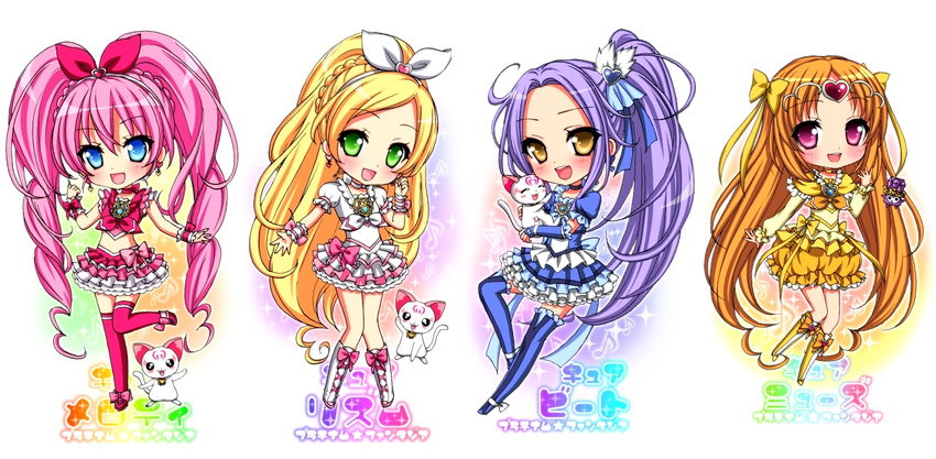 :d blonde_hair blue_choker blue_eyes blue_footwear blue_legwear blue_skirt blush boots bow braid brooch brown_hair bubble_skirt cat character_name chibi choker circlet cure_beat cure_melody cure_muse_(yellow) cure_rhythm dodory earrings fairy_tone frills full_body green_eyes hair_ornament hair_ribbon hairband hairpin heart houjou_hibiki hummy_(suite_precure) jewelry knee_boots kurokawa_eren long_hair magical_girl midriff minamino_kanade multiple_girls musical_note open_mouth pink_bow pink_choker pink_eyes pink_hair pink_legwear pink_skirt platinum_fantasia ponytail precure purple_hair rainbow_background ribbon seiren_(suite_precure) shirabe_ako shoes skirt smile standing standing_on_one_leg suite_precure thigh_boots thighhighs twintails white_choker white_skirt wrist_cuffs yellow_bow yellow_choker yellow_eyes yellow_skirt