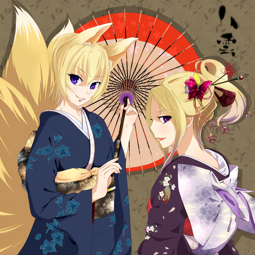 animal_ears blonde_hair butterfly_hair_ornament floral_print flower fox_ears fox_tail hair_flower hair_ornament hat highres japanese_clothes kanzashi kimono multiple_girls multiple_tails nikka_(cryptomeria) oriental_umbrella purple_eyes purple_hair seigaiha short_hair tail touhou umbrella yakumo_ran yakumo_yukari