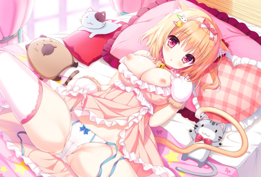 animal_ears areolae bangs bed bell bell_collar belly_peek blurry blurry_background blush bow bow_panties breasts breasts_outside cat_ears cat_tail collar commentary_request curtains dress dress_lift eyebrows_visible_through_hair gloves hair_ornament hairclip heart heart_pillow large_breasts lifted_by_self looking_at_viewer lying nipples no_bra official_art on_back orange_hair original panties pantyshot paw_gloves paws pillow pink_dress red_eyes shiwasu_horio short_hair side-tie_panties sleeveless solo spread_legs stuffed_toy tail thighhighs underwear white_legwear white_panties window zettai_ryouiki