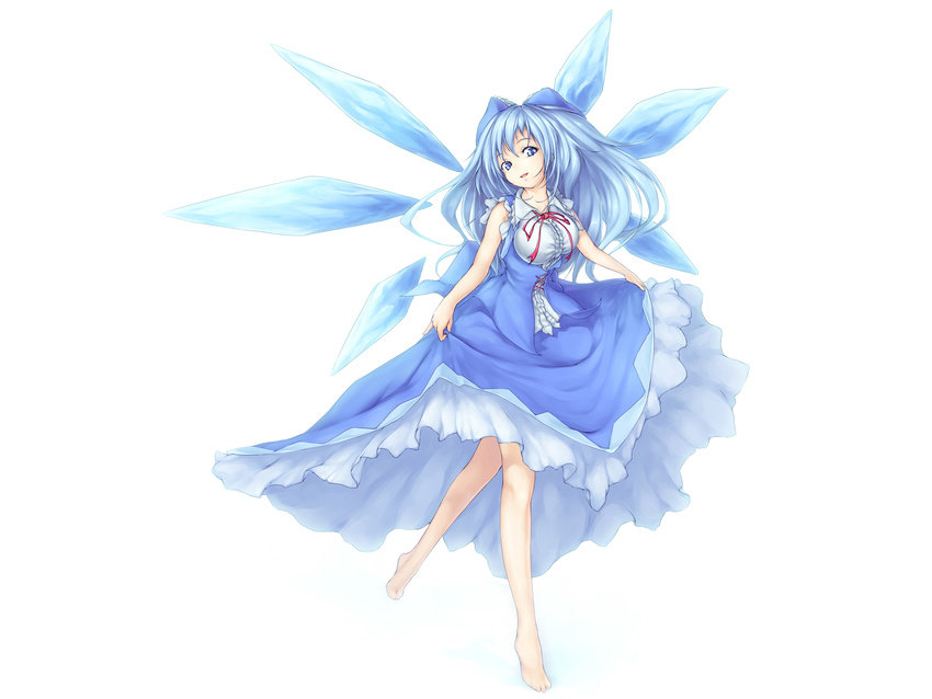 absurdres adapted_costume bare_arms bare_legs barefoot blue_eyes blue_hair bow breasts cirno die_blonde_bestie full_body hair_bow head_tilt highres large_breasts long_hair neck_ribbon older ribbon shirt simple_background skirt skirt_hold skirt_set sleeveless sleeveless_shirt solo touhou white_background wings