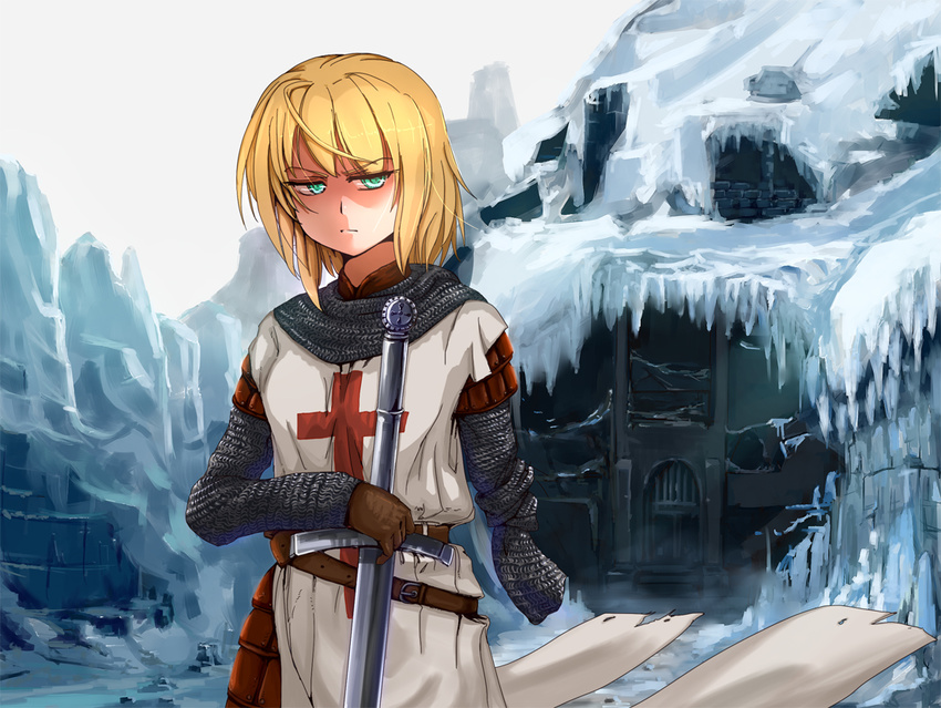 ahoge amputee aqua_eyes bad_id bad_pixiv_id belt blonde_hair bookseve buckle chainmail cross frown furrowed_eyebrows gloves green_eyes half-closed_eyes ice jitome knight knights_templar original single_glove snow solo sword weapon