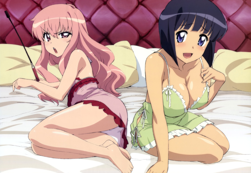 :d absurdres barefoot black_hair breasts camisole cleavage fujii_masahiro highres large_breasts legs long_hair long_legs louise_francoise_le_blanc_de_la_valliere lying multiple_girls non-web_source nyantype official_art on_side open_mouth panties pantyshot pink_eyes pink_hair purple_eyes riding_crop scan short_hair siesta sitting smile spaghetti_strap thighs underwear uneven_eyes white_panties yokozuwari zero_no_tsukaima