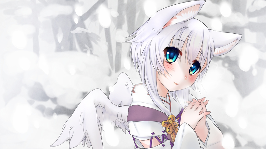 animal_ears blue_eyes blush cat_ears chinya female highres japanese_clothes kazane kazane_chinya kimono short_hair solo traditional_clothes white_hair wings