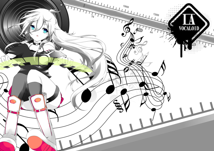 bare_shoulders blue_eyes boots dribble holographic_interface ia_(vocaloid) long_hair mismatched_legwear musical_note off_shoulder open_mouth single_thighhigh solo thigh_strap thighhighs very_long_hair vocaloid white_hair