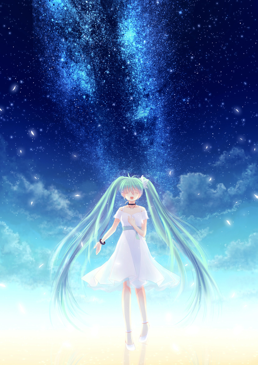bracelet choker closed_eyes cloud dress green_hair hand_on_own_chest hatsune_miku highres jewelry lazy_orange long_hair milky_way necklace night night_sky open_mouth sky solo star_(sky) starry_sky twintails very_long_hair vocaloid