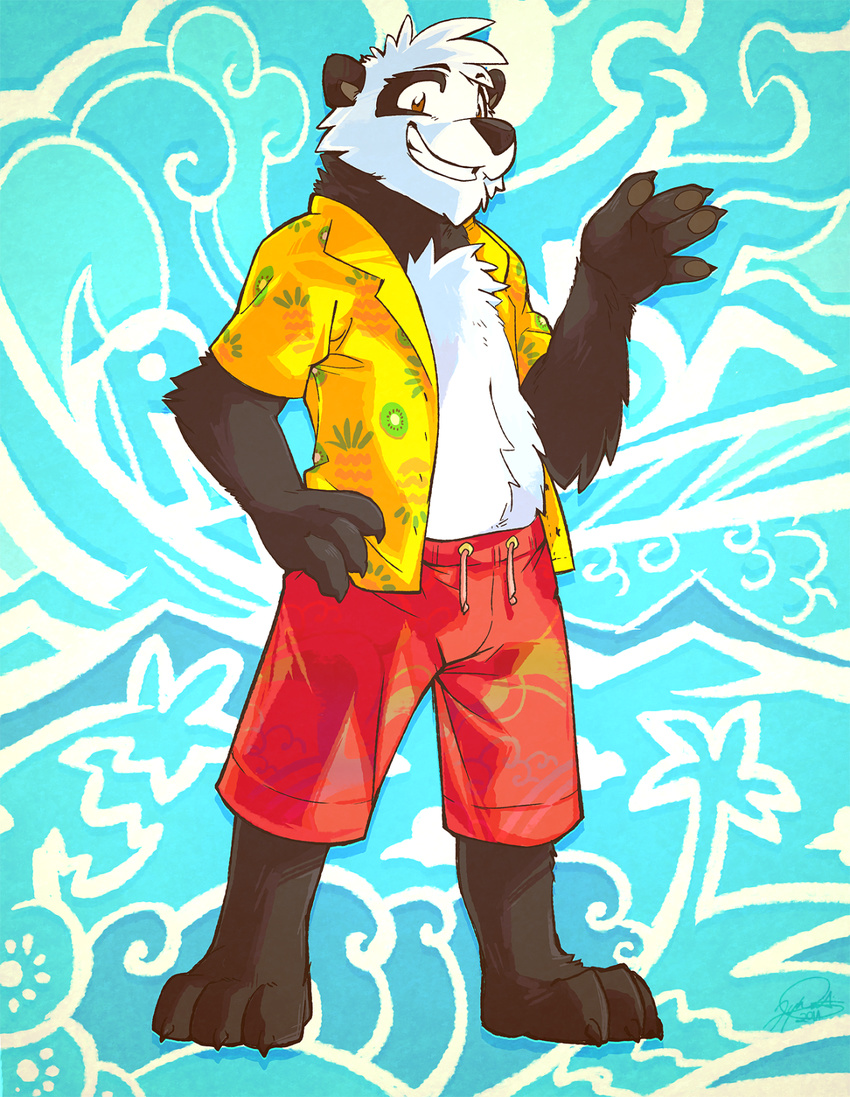 barefoot bear black_nose brown_eyes male mammal panda solo super-tuler swimming_trunks swimsuit