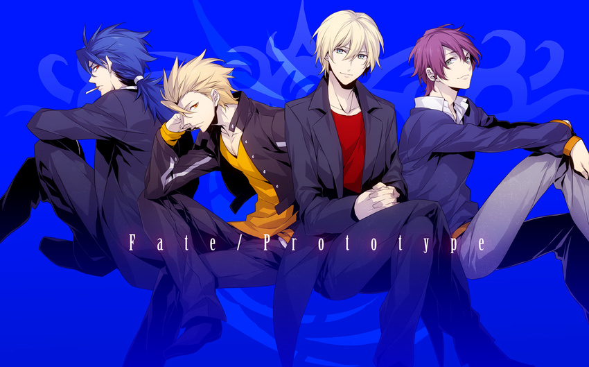 archer_(fate/prototype) arthur_pendragon_(fate) blonde_hair blue_eyes blue_hair cigarette crossed_legs cu_chulainn_(fate/prototype) fate/prototype fate/stay_night fate_(series) hand_on_own_face long_hair male_focus multiple_boys orange_eyes perseus_(fate) ponytail red_eyes sitting xia_(ryugo)