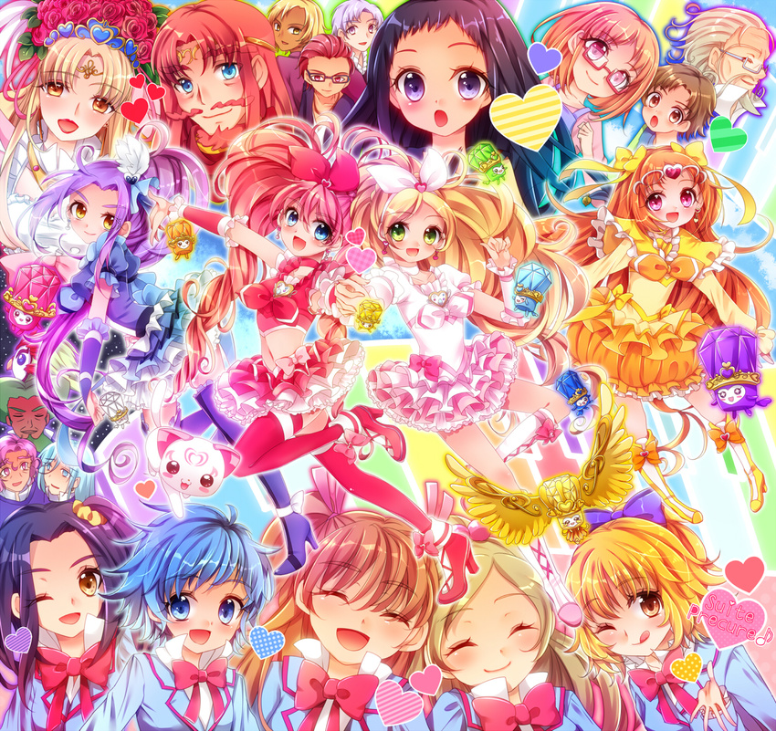 6+girls :o ;q annotated aphrodite_(suite_precure) aria_gakuen_school_uniform baritone_(suite_precure) bassdrum beard bird blonde_hair blue_eyes blue_footwear blue_hair blue_legwear blue_skirt blush boots bow brown_eyes brown_hair bubble_skirt choker circlet closed_eyes copyright_name crescendo_tone cure_beat cure_melody cure_muse_(yellow) cure_rhythm dodory dory everyone eyelashes facial_hair fairy_tone falsetto_(suite_precure) fary flat_(suite_precure) flower frills glasses green_eyes green_hair hair_bow hair_ribbon half_updo heart higashiyama_seika high_heels highres houjou_hibiki hummy_(suite_precure) knee_boots kurokawa_eren lary long_hair mephisto_(suite_precure) messy_hair minamino_kanade minamino_souta miry multiple_boys multiple_girls mustache natural_(suite_precure) nishijima_waon noise_(suite_precure) one_eye_closed open_mouth orange_hair orange_skirt p-chan_(suite_precure) pink_bow pink_choker pink_hair pink_legwear pink_skirt precure purple_eyes purple_hair red-framed_eyewear red_eyes red_flower red_rose rery ribbon rose school_uniform seiren_(suite_precure) sharp_(suite_precure) shirabe_ako shirabe_otokichi shoes short_hair skirt smile sory suite_precure suzu_(suite_precure) thigh_boots thighhighs tiara tiry tongue tongue_out twintails two_side_up uzuki_aki white_choker yellow_bow yellow_eyes zettai_ryouiki