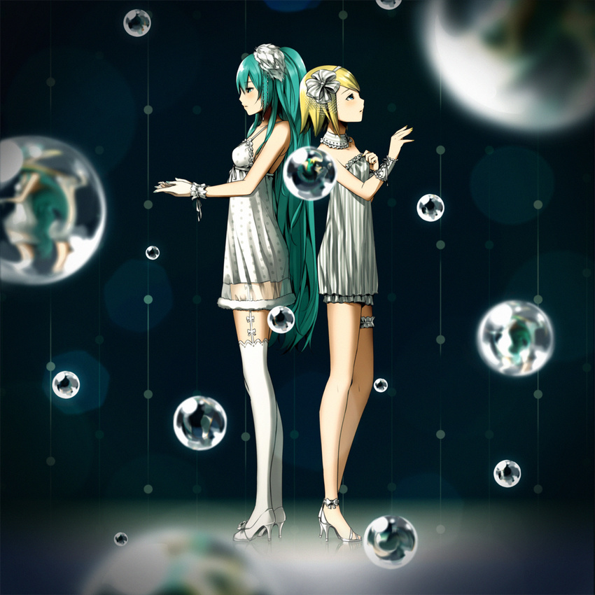 aqua_eyes aqua_hair back-to-back bare_legs blonde_hair bubble dress garter_straps hatsune_miku high_heels highres kagamine_rin leg_garter long_hair matsuda_suzuri multiple_girls profile shoes short_hair sphere thighhighs very_long_hair vocaloid