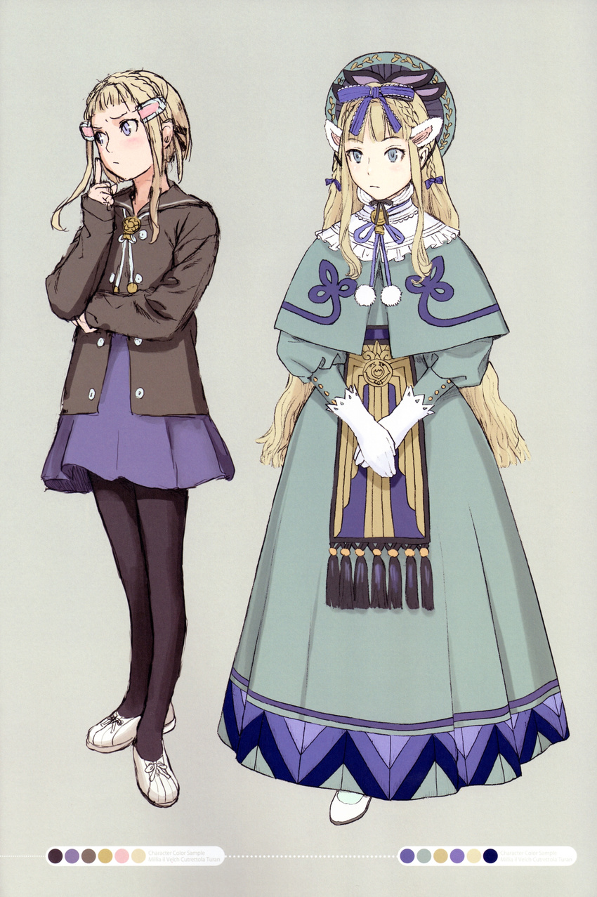 absurdres alternate_costume alternate_hairstyle blonde_hair blue_eyes capelet color_guide concept_art dress gloves gown hair_ornament hat highres jacket last_exile last_exile:_gin'yoku_no_fam long_hair millia_il_velch_cutrettola_turan miniskirt multiple_girls murata_renji official_art pantyhose ribbon scan skirt