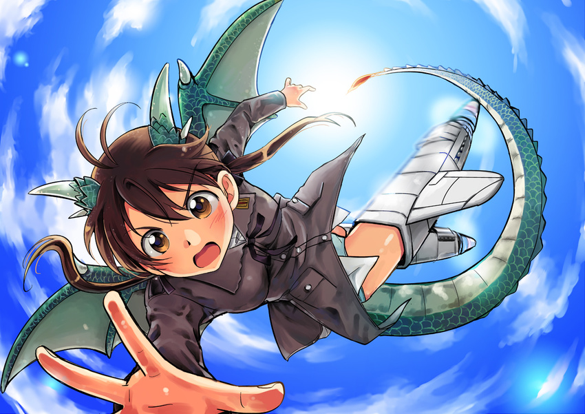 blush brown_eyes brown_hair cloud day dragon_girl dragon_horns dragon_tail dragon_wings gertrud_barkhorn horns long_hair military military_uniform monster_girl niina_ryou open_mouth outstretched_arm outstretched_hand panties reaching sky strike_witches striker_unit tail twintails underwear uniform wings world_witches_series
