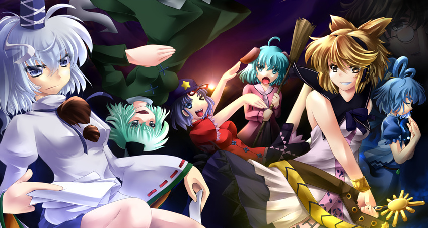 animal_ears bamboo_broom bare_shoulders beret blue_eyes blue_hair blush broom brown_eyes brown_hair dress earmuffs futatsuiwa_mamizou ghost_tail glasses green_dress green_eyes green_hair grey_hair hair_ornament hair_rings hair_stick hat japanese_clothes jiangshi kaku_seiga kariginu kasodani_kyouko miyako_yoshika mononobe_no_futo multiple_girls ofuda one_eye_closed open_mouth outstretched_arms shiromiza_kana shirt short_hair silver_hair skirt sleeveless sleeveless_shirt smile soga_no_tojiko star sword tate_eboshi ten_desires touhou toyosatomimi_no_miko upside-down weapon zombie_pose