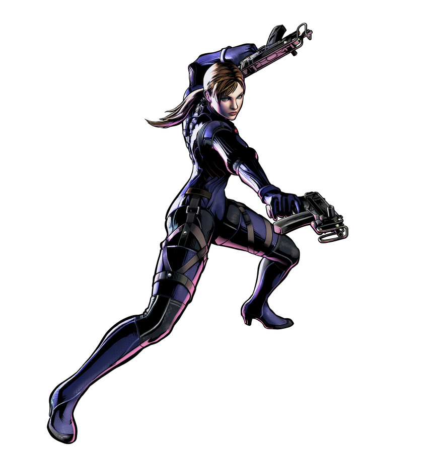 3d absurdres blonde_hair bodysuit capcom gun highres jill_valentine marvel marvel_vs._capcom marvel_vs._capcom_3 marvel_vs_capcom marvel_vs_capcom_3 mori_toshiaki official_art ponytail resident_evil resident_evil_5 skin_tight skorpion_vz._61 submachine_gun thigh_strap weapon