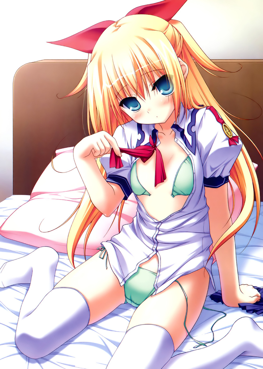 bra chikotam flat_chest green_panties highres lingerie magicarat_radiant open_bra open_clothes open_shirt panties ryshell_burns school_uniform shirt side-tie_panties sitting solo string_panties thighhighs underwear undressing unfastened untied wariza