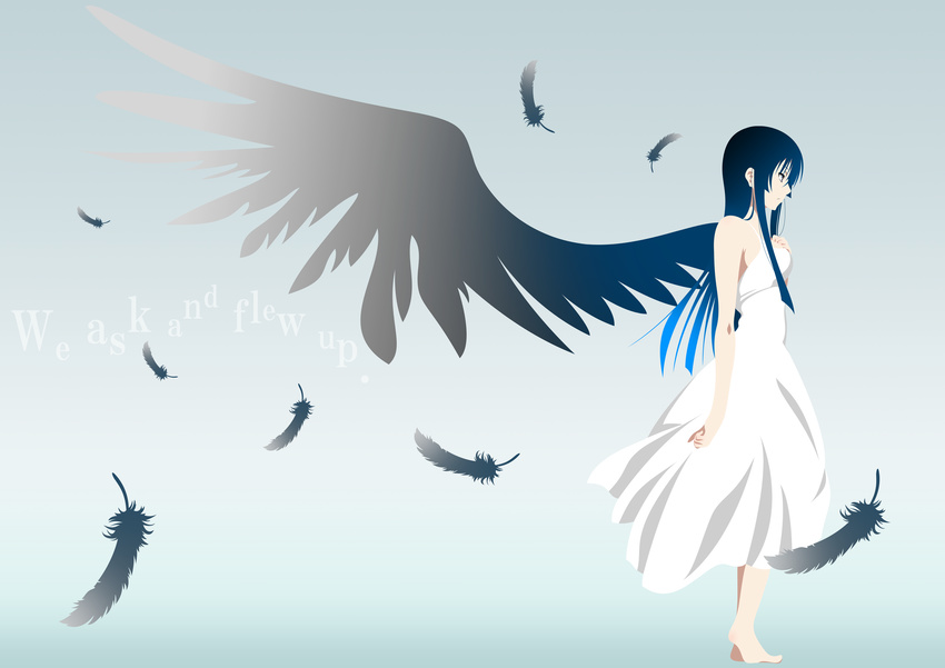 akiyama_mio angel barefoot blue_eyes dress feathers gradient gradient_background highres k-on! long_hair no_lineart profile single_wing solo tennen_ahoke wings