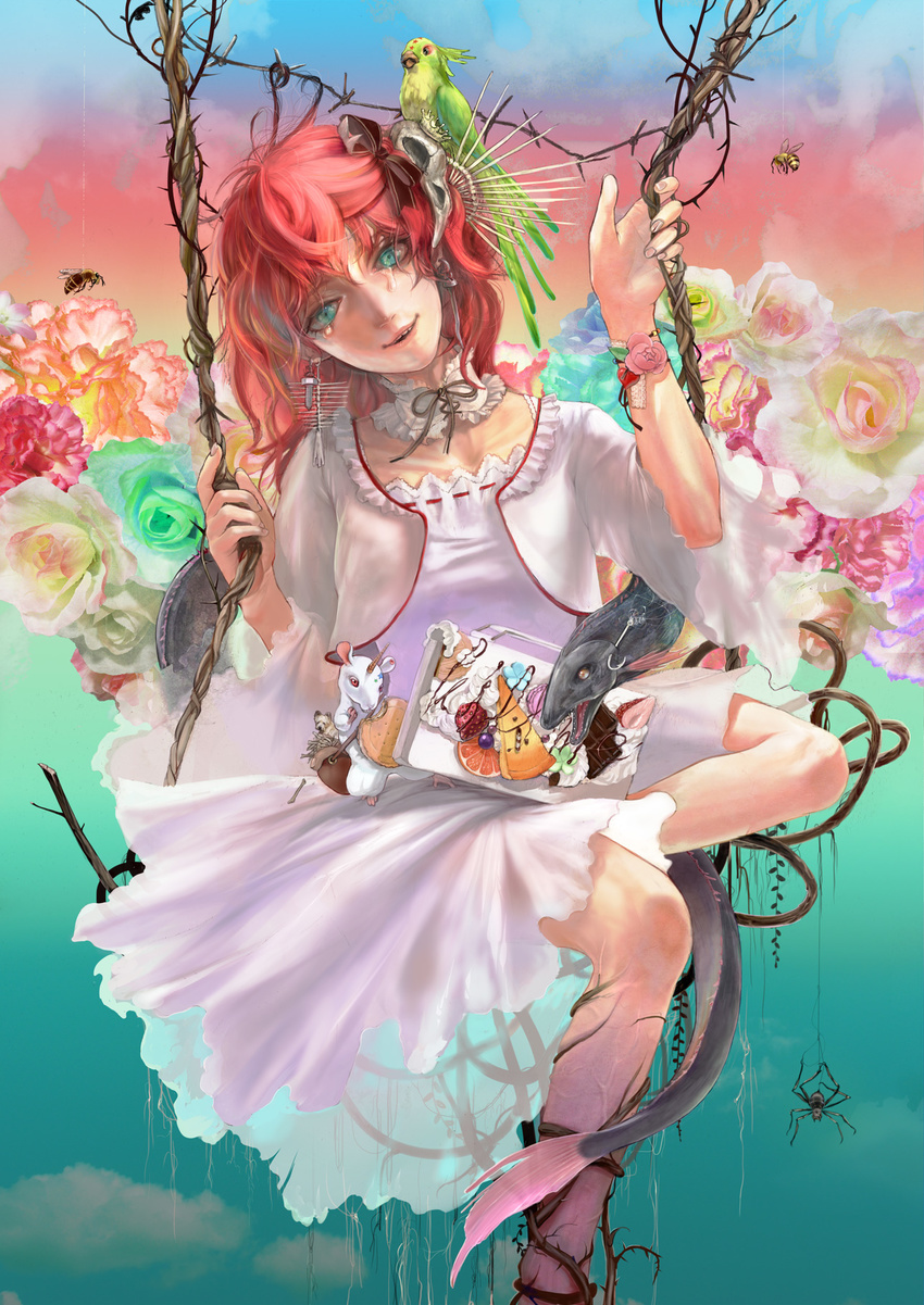 8981 bad_id bad_pixiv_id bee bird bracelet bug dress earrings eel flower food green_eyes highres insect jewelry long_hair mouse original red_hair solo spider tears thorns